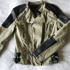 Olive green jacket with leather detailing